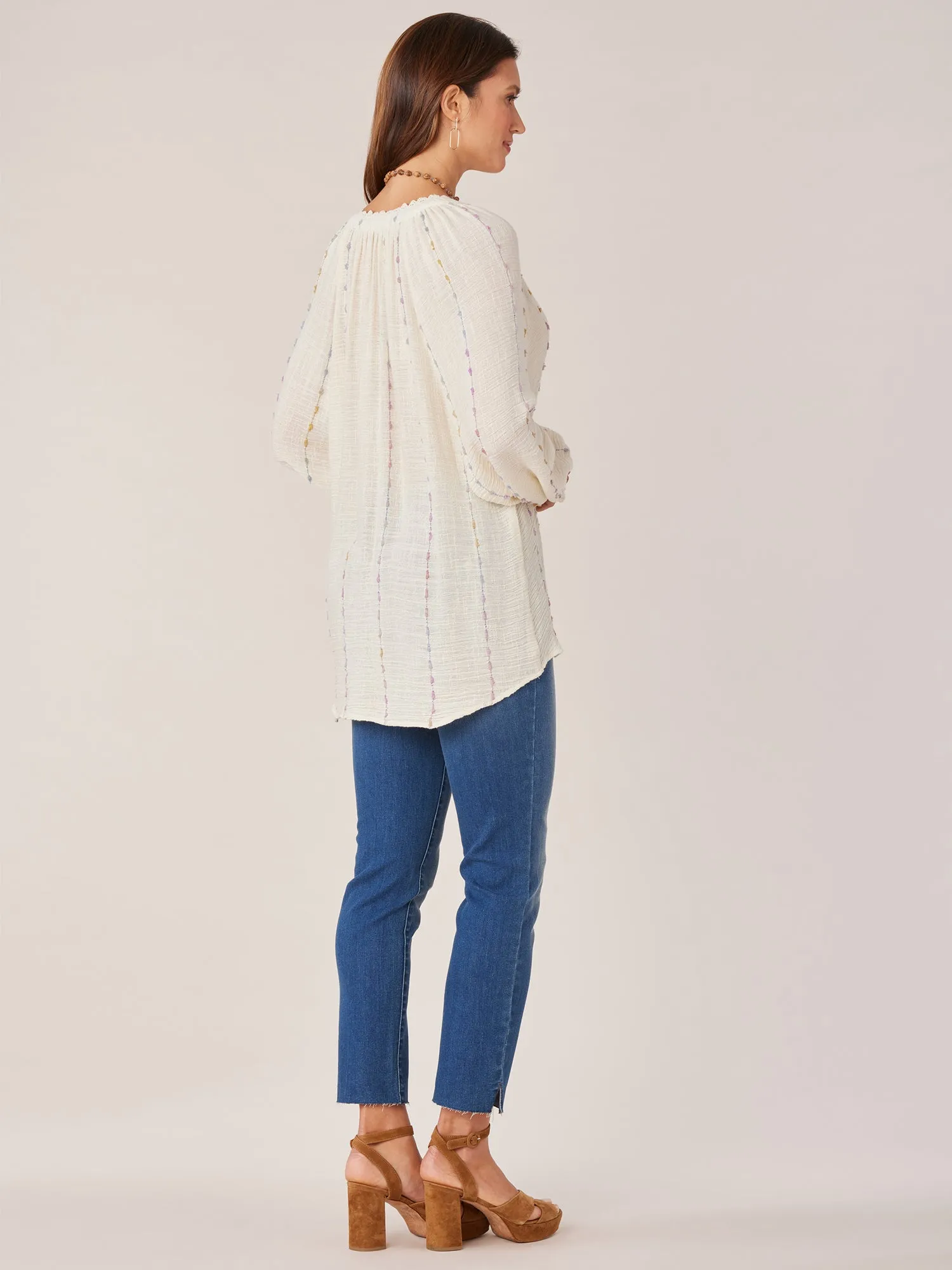 Long Crochet Blouson Sleeve Split V-Neck Braided Tie Front Woven Top