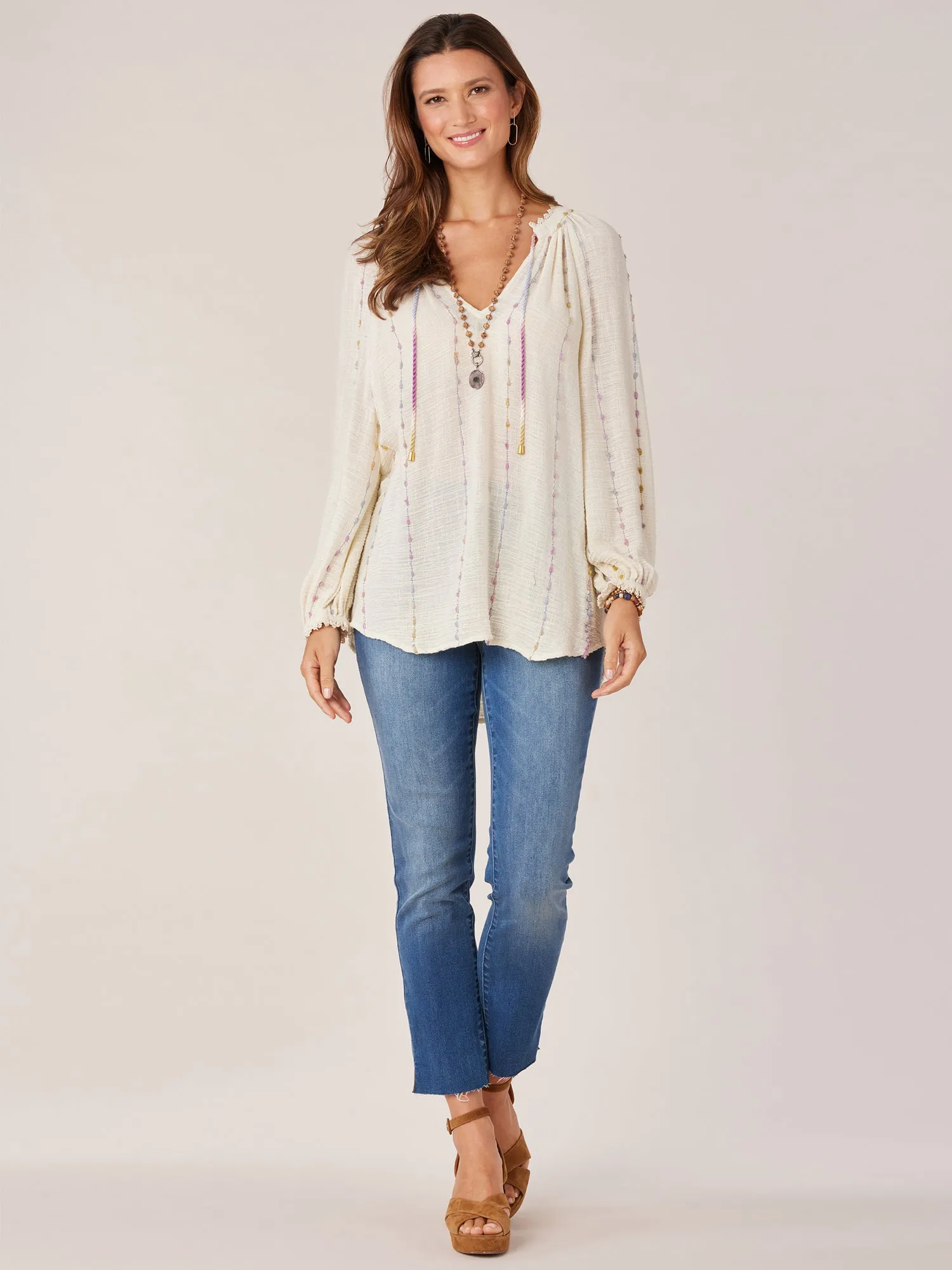 Long Crochet Blouson Sleeve Split V-Neck Braided Tie Front Woven Top