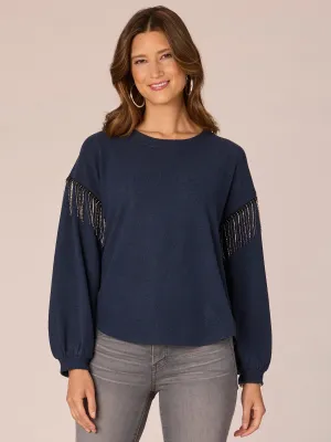 Long Drop Shoulder Sleeve Scoop Neck Rhinestone Fringe Knit Top