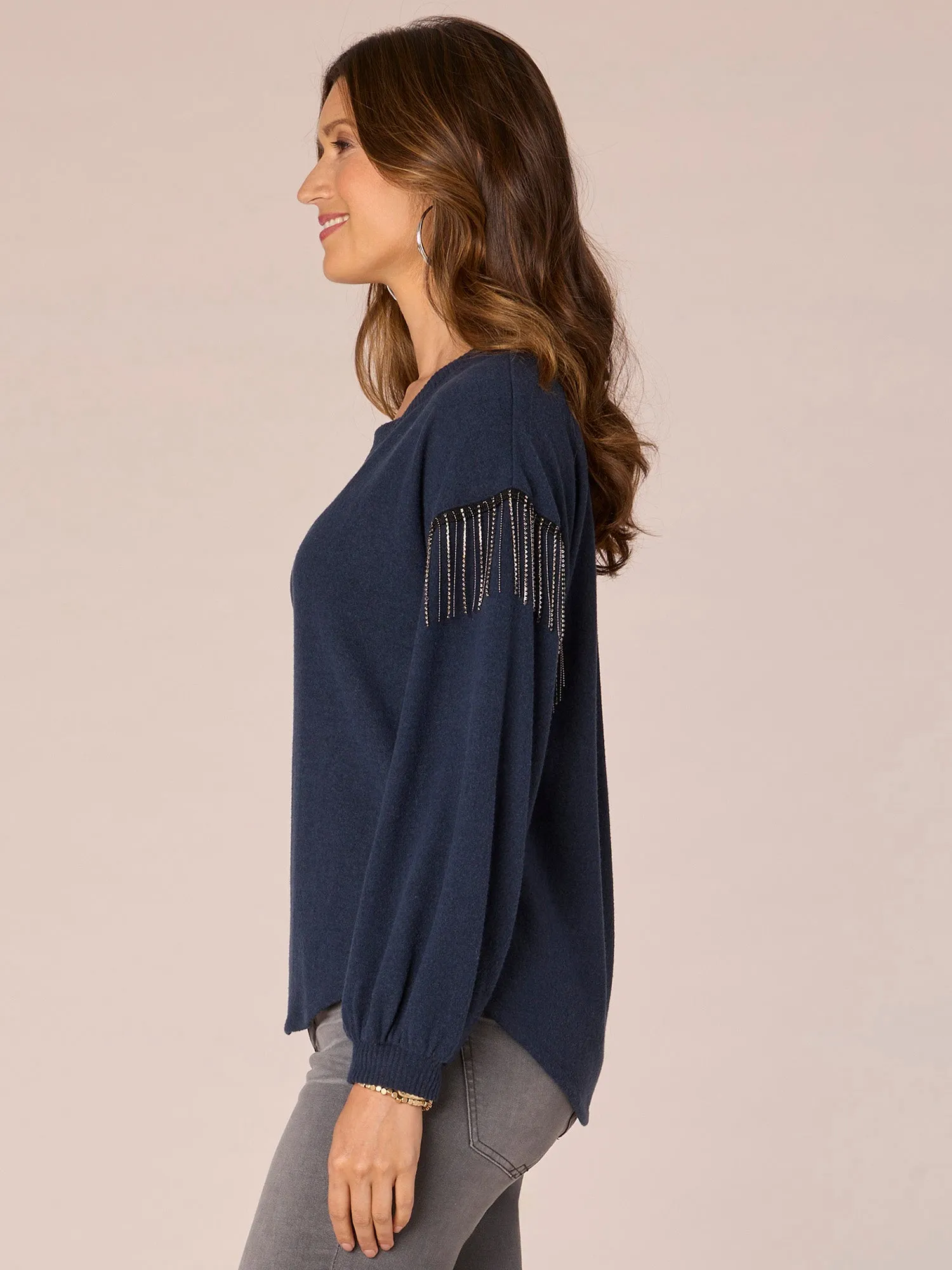 Long Drop Shoulder Sleeve Scoop Neck Rhinestone Fringe Knit Top