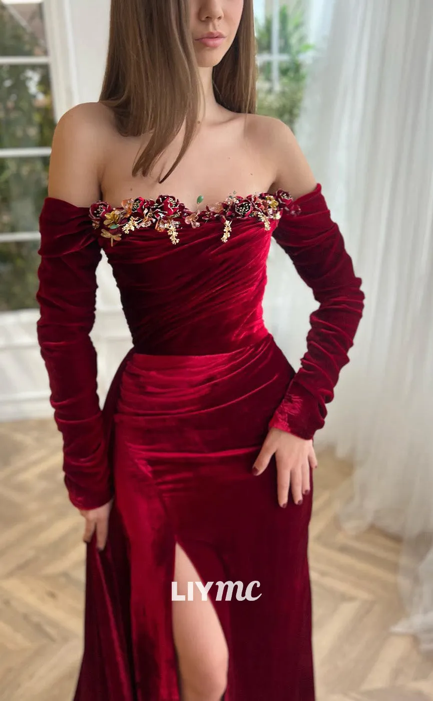 LP2191 - Off-Shoulder Long Sleeves Sheath High Slit Prom Dress