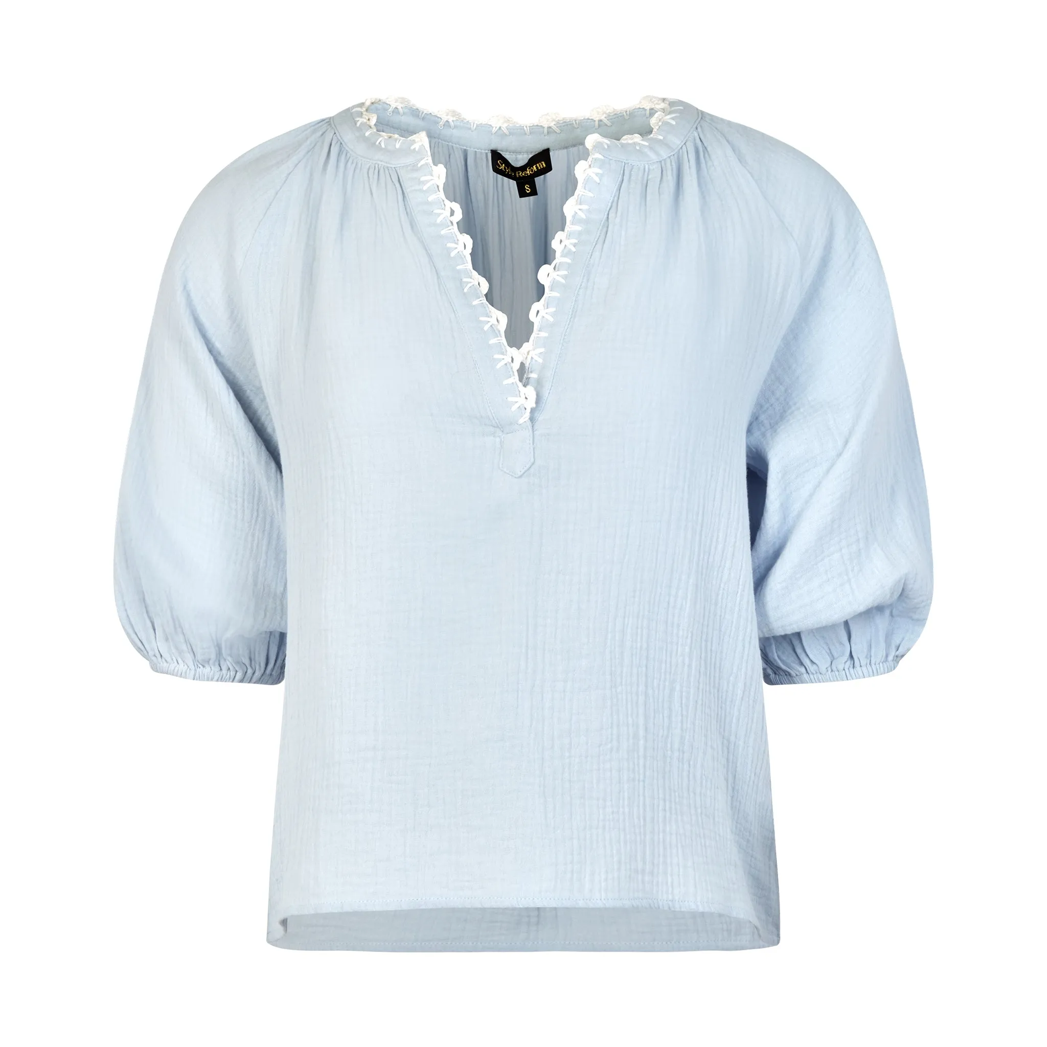 Mia Blouse Hand Crochet splitneck with blouson sleeves