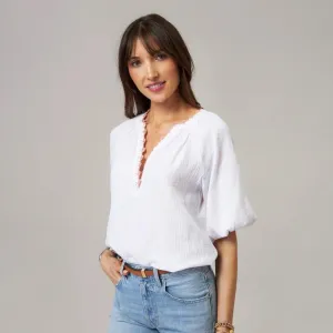 Mia Blouse Hand Crochet splitneck with blouson sleeves