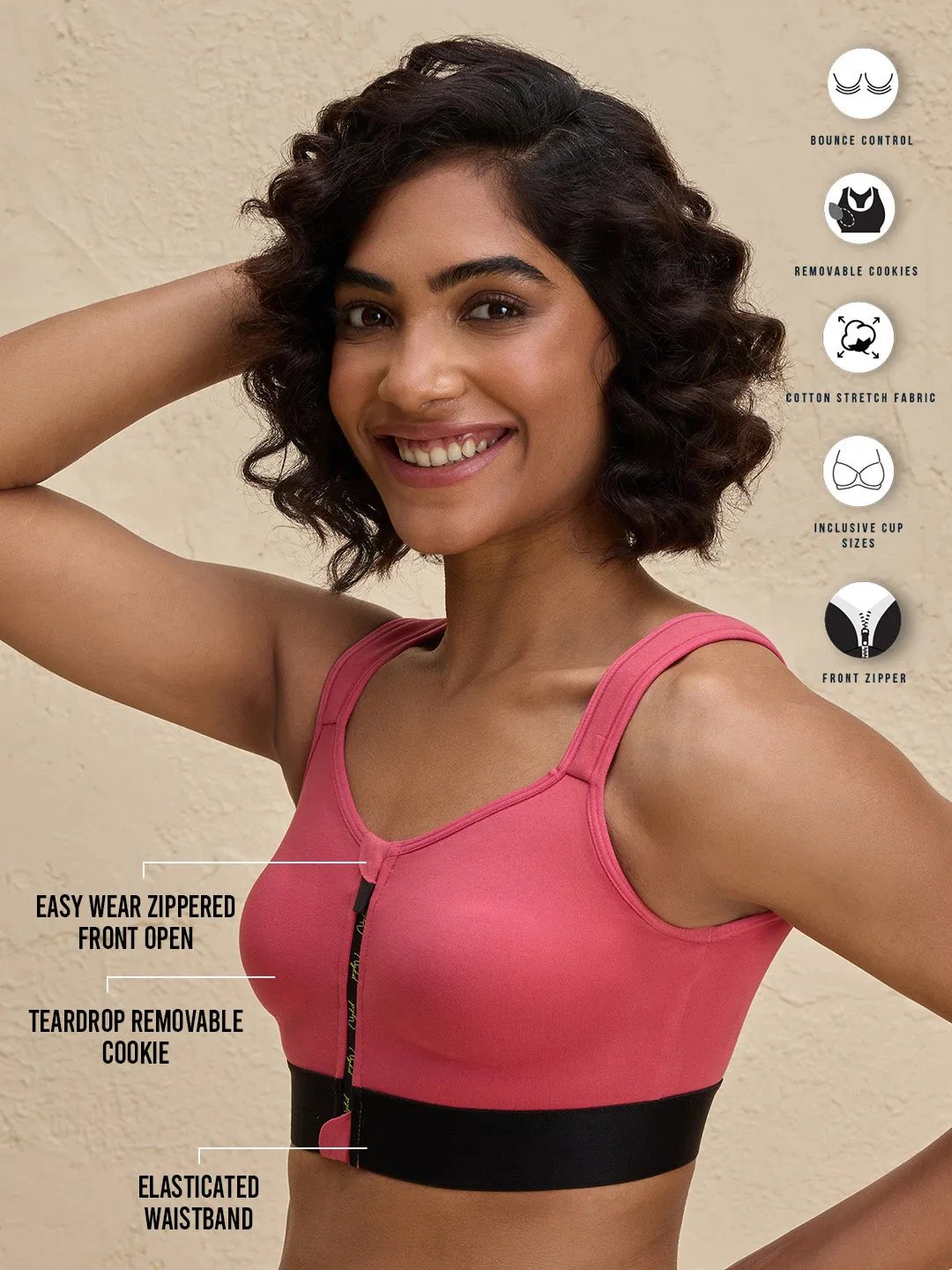 Nykd By Nykaa Front Zip Cotton High Impact  No Slouch  Sports Bra-NYK907-Coral