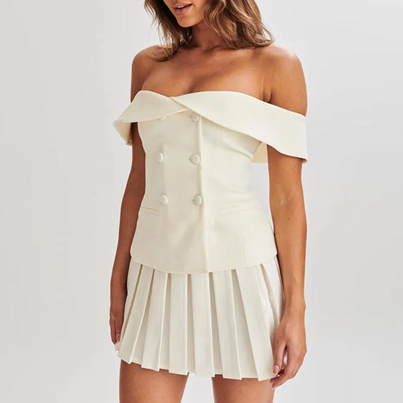 Off-Shoulder Blazer Dress with Pleated Skirt