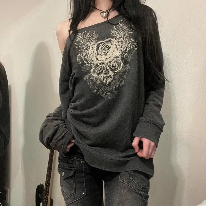 Off-Shoulder Graphic Sweatshirt with Floral Wing Print