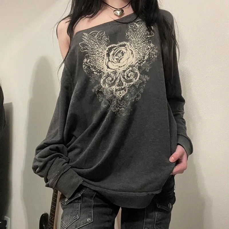 Off-Shoulder Graphic Sweatshirt with Floral Wing Print