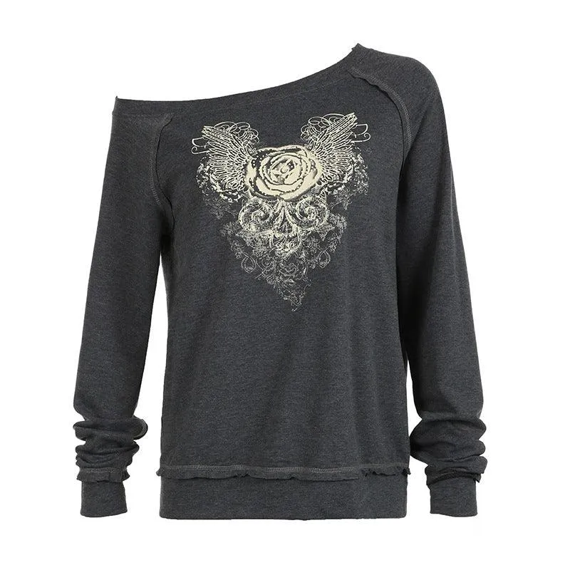 Off-Shoulder Graphic Sweatshirt with Floral Wing Print