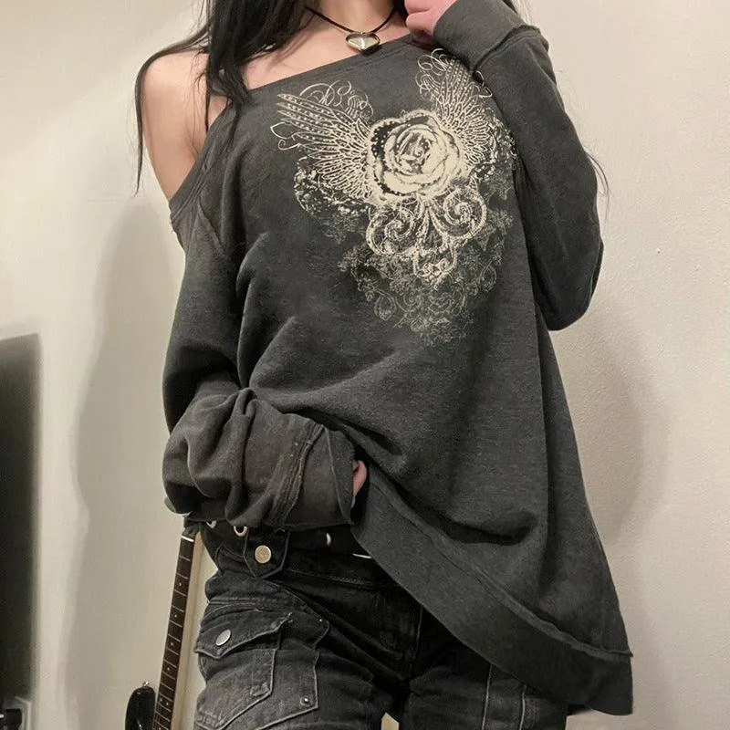 Off-Shoulder Graphic Sweatshirt with Floral Wing Print