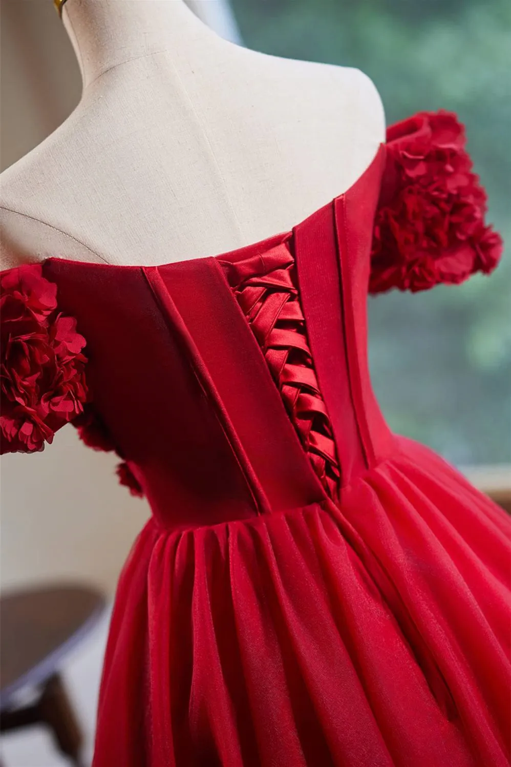 Off the Shoulder Red 3D Flowers Short Dress