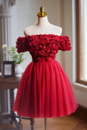 Off the Shoulder Red 3D Flowers Short Dress