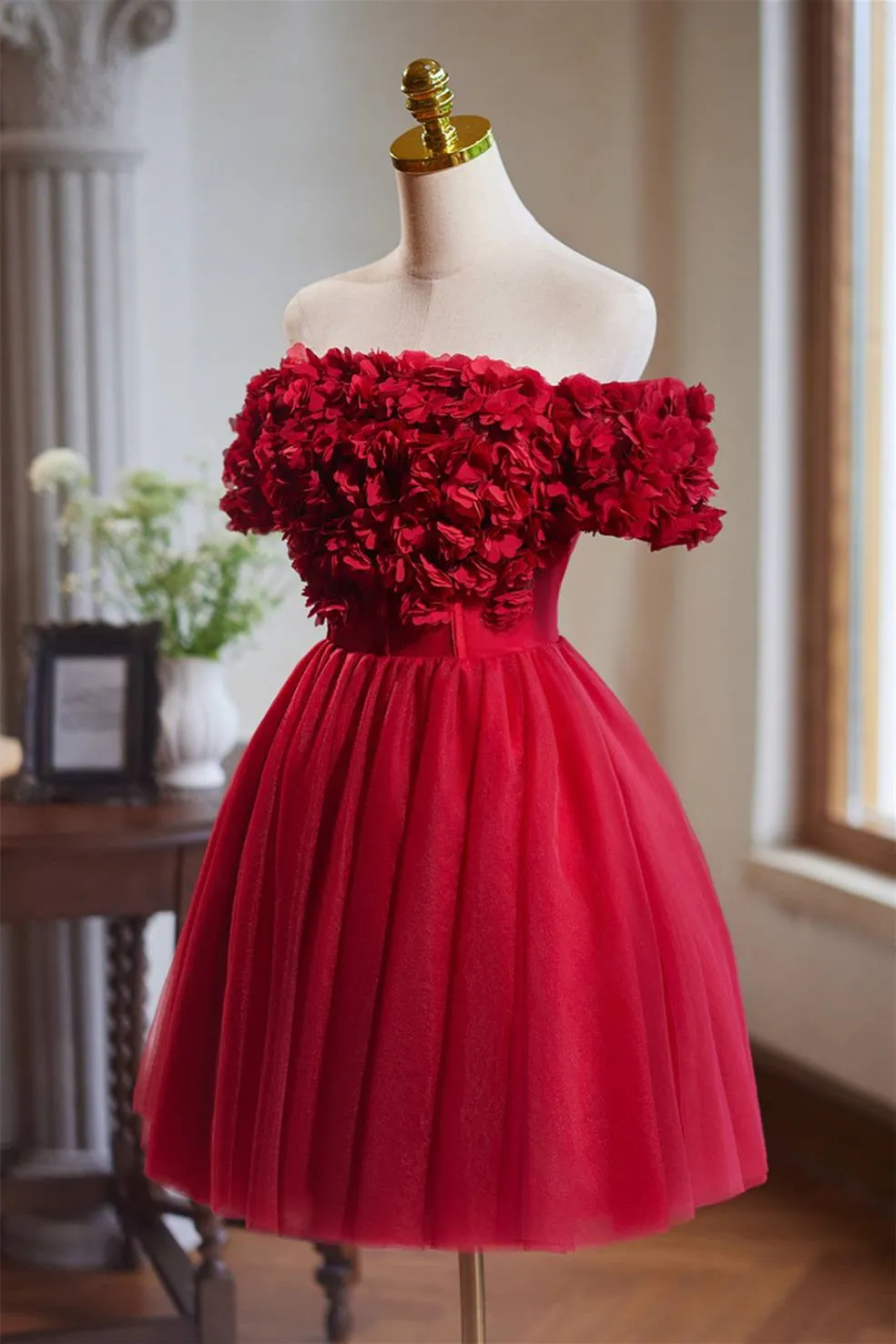 Off the Shoulder Red 3D Flowers Short Dress