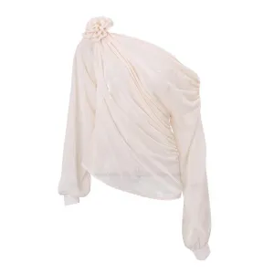 One-Shoulder Rose Accent Drape Blouse