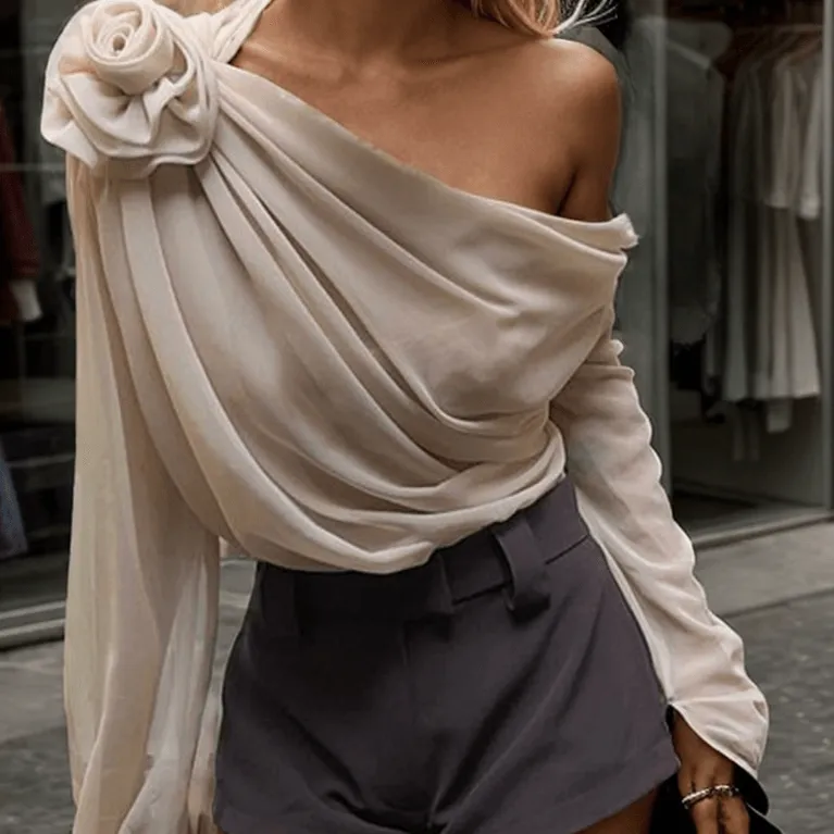 One-Shoulder Rose Accent Drape Blouse