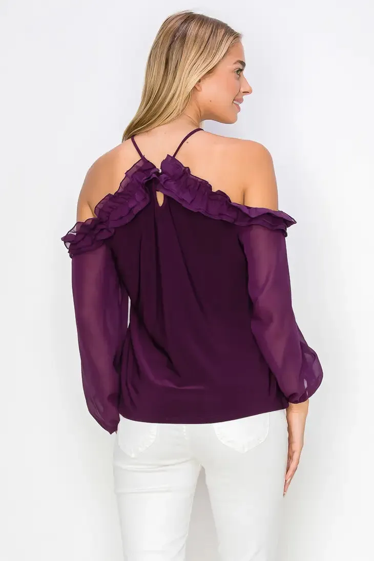 Ruffle Cold Shoulder Balloon Long Sleeve Blouse