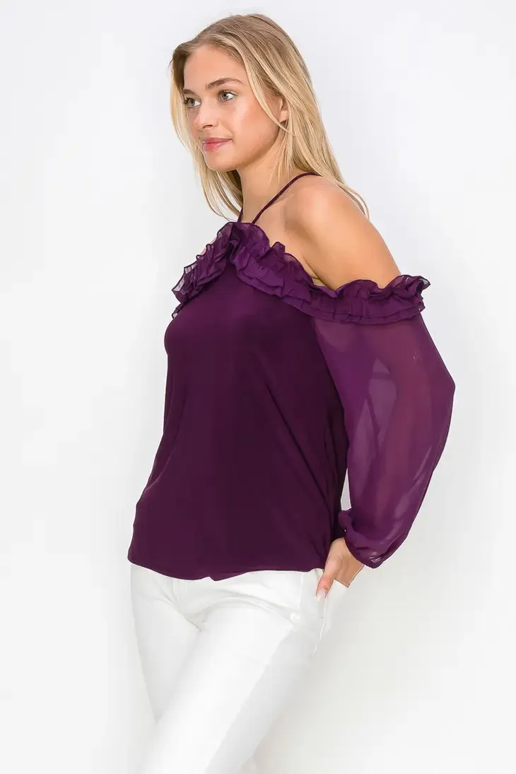 Ruffle Cold Shoulder Balloon Long Sleeve Blouse