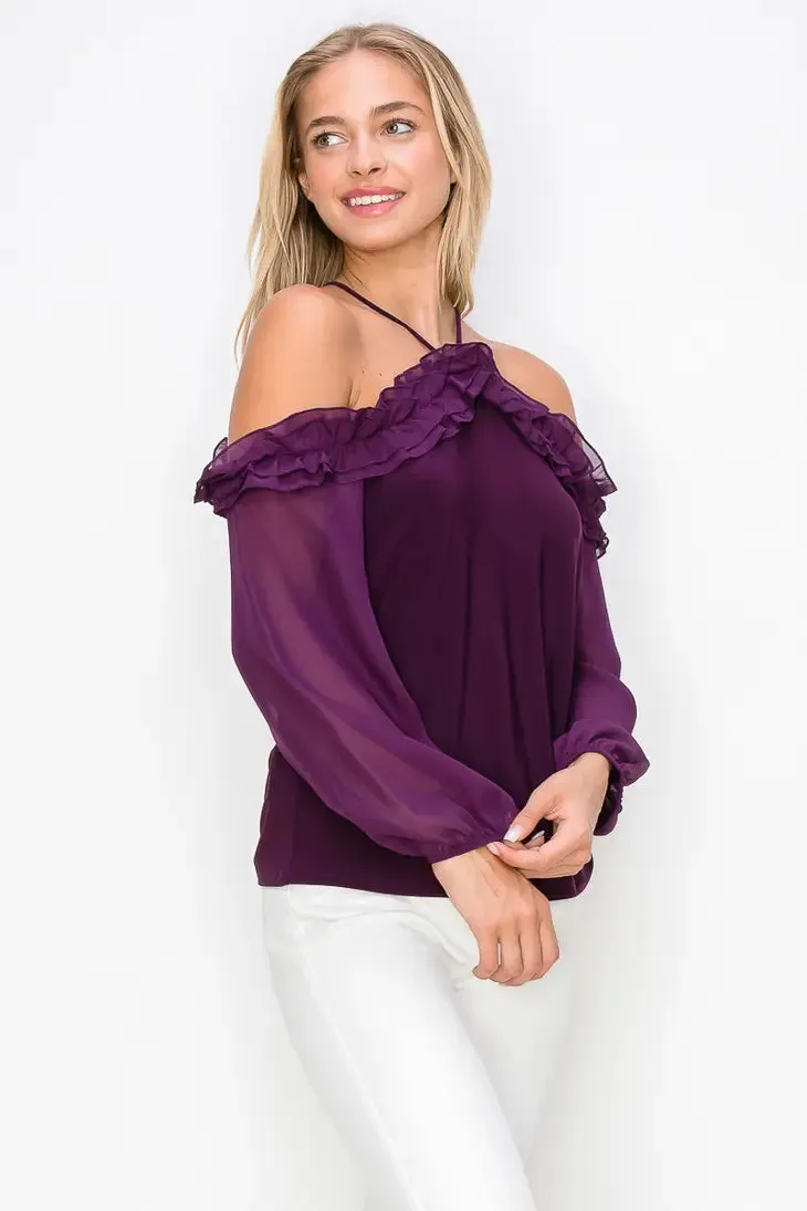 Ruffle Cold Shoulder Balloon Long Sleeve Blouse