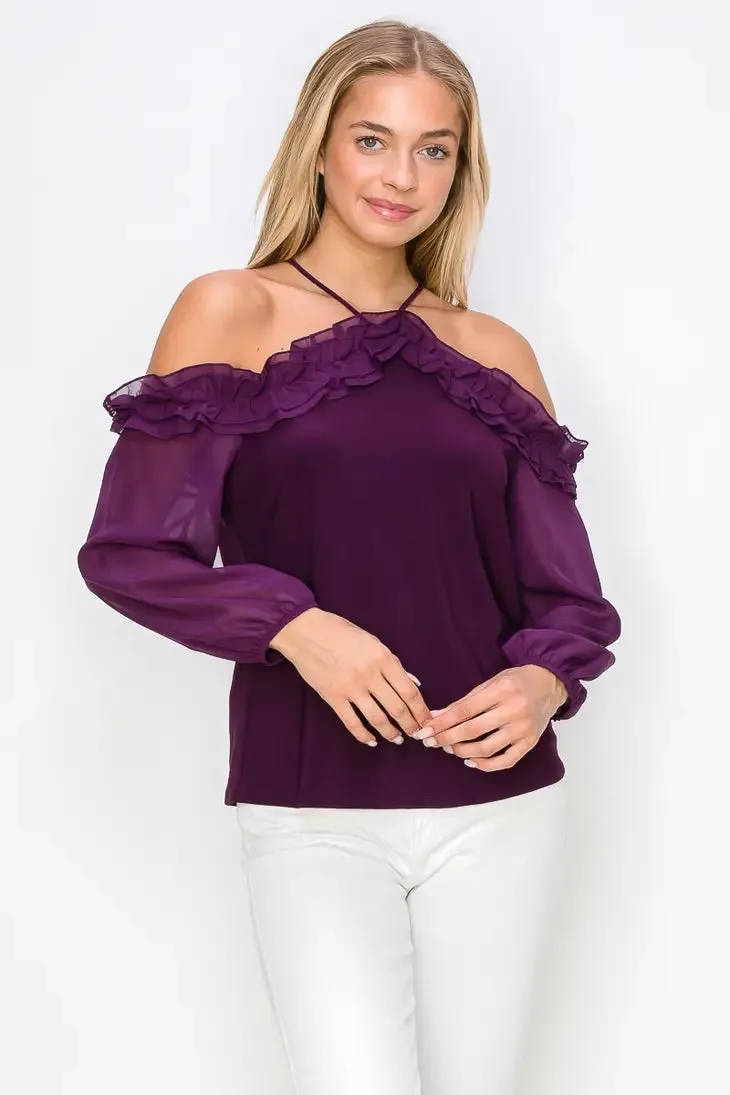 Ruffle Cold Shoulder Balloon Long Sleeve Blouse