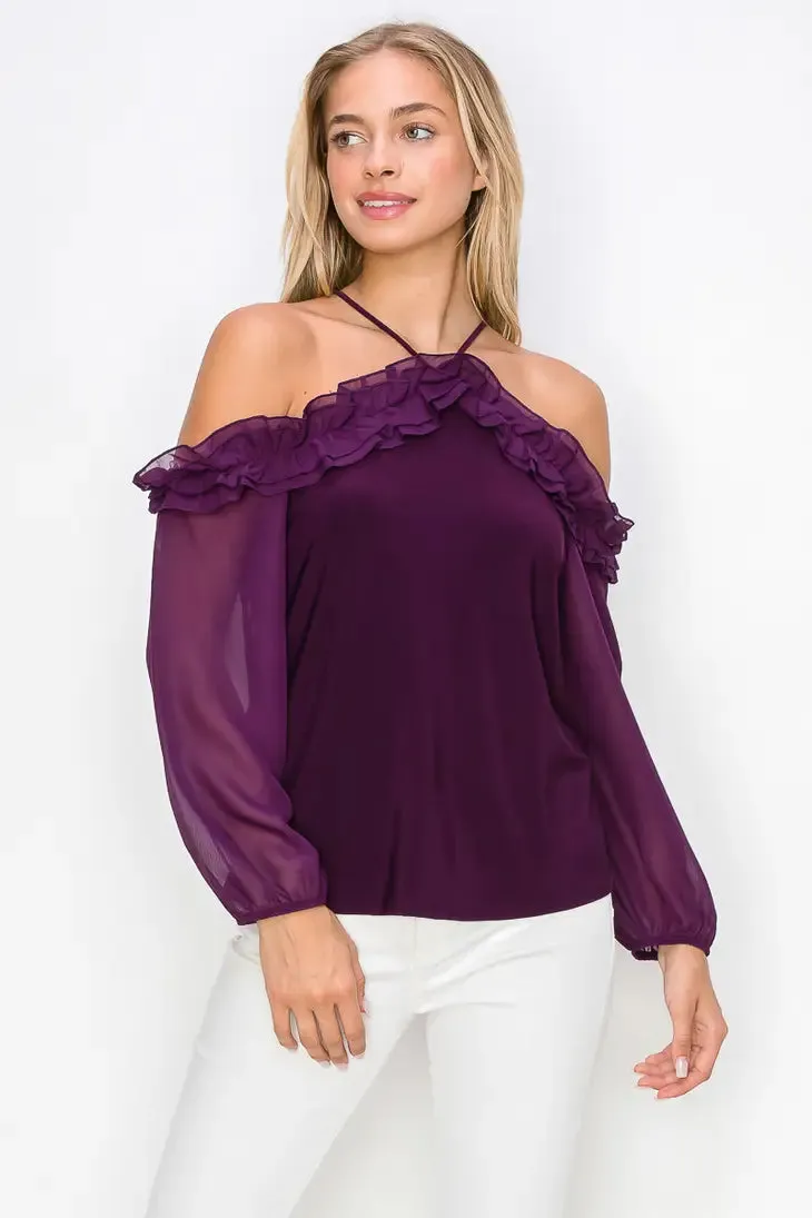 Ruffle Cold Shoulder Balloon Long Sleeve Blouse