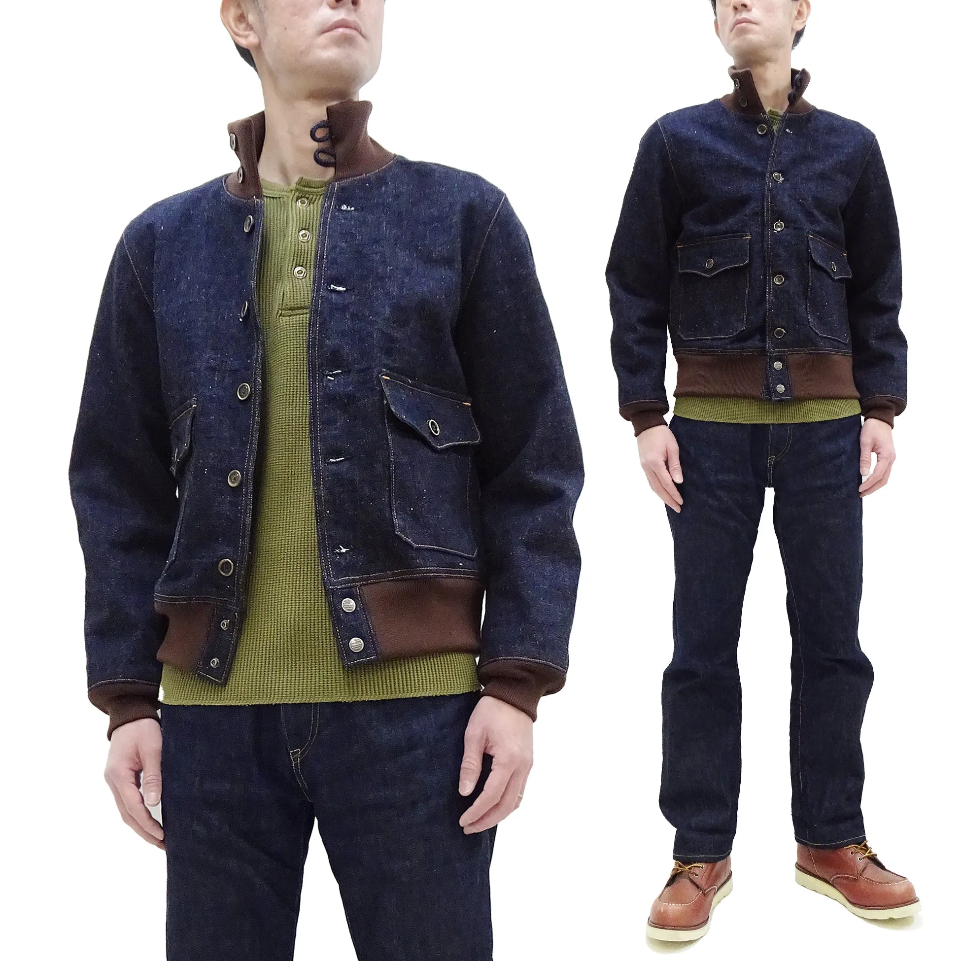 Samurai Jeans Denim Jacket Men's A-2 Flight Bomber Jacket Style Jean Jacket S100DAJ23 Indigo One-Wash