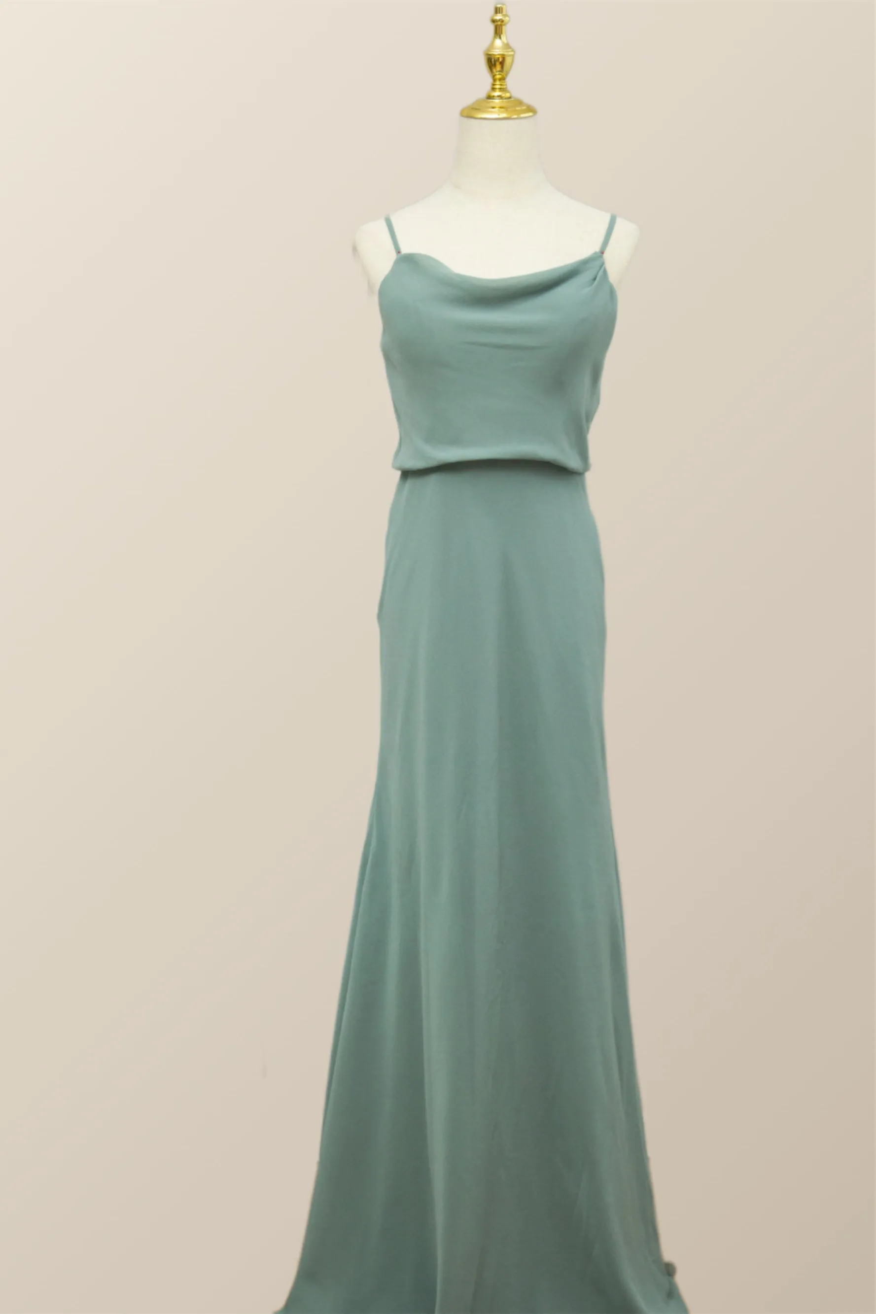 Straps Sea Glass Blouson Chiffon Long Bridesmaid Dress