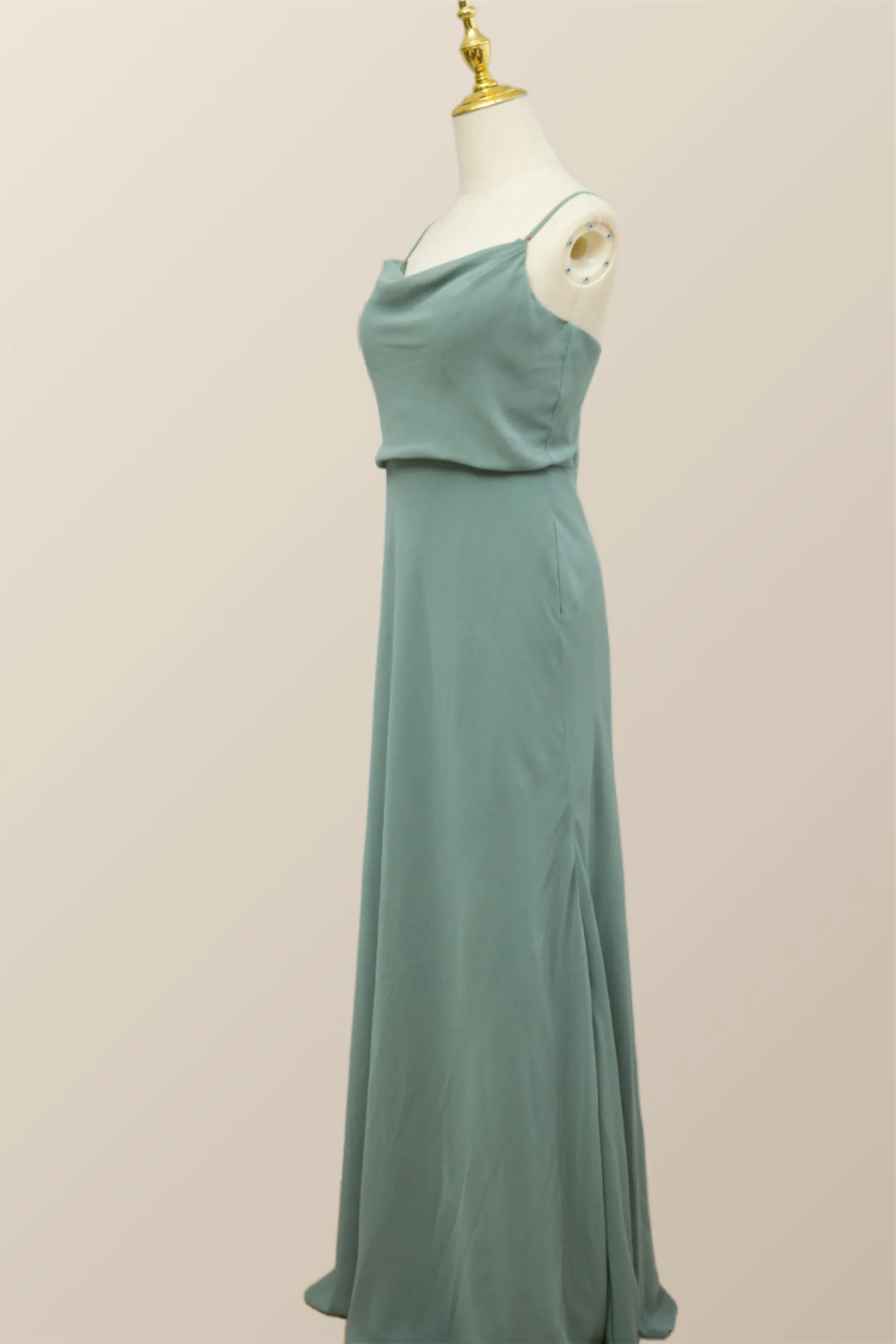 Straps Sea Glass Blouson Chiffon Long Bridesmaid Dress