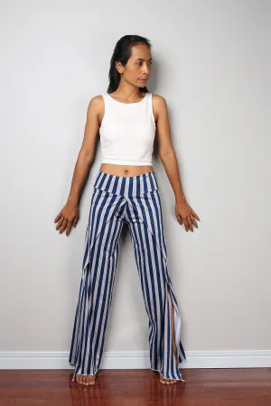 Striped pants / Blue and grey yoga pants / long blue striped pants / Split pants : Urban Chic Collection