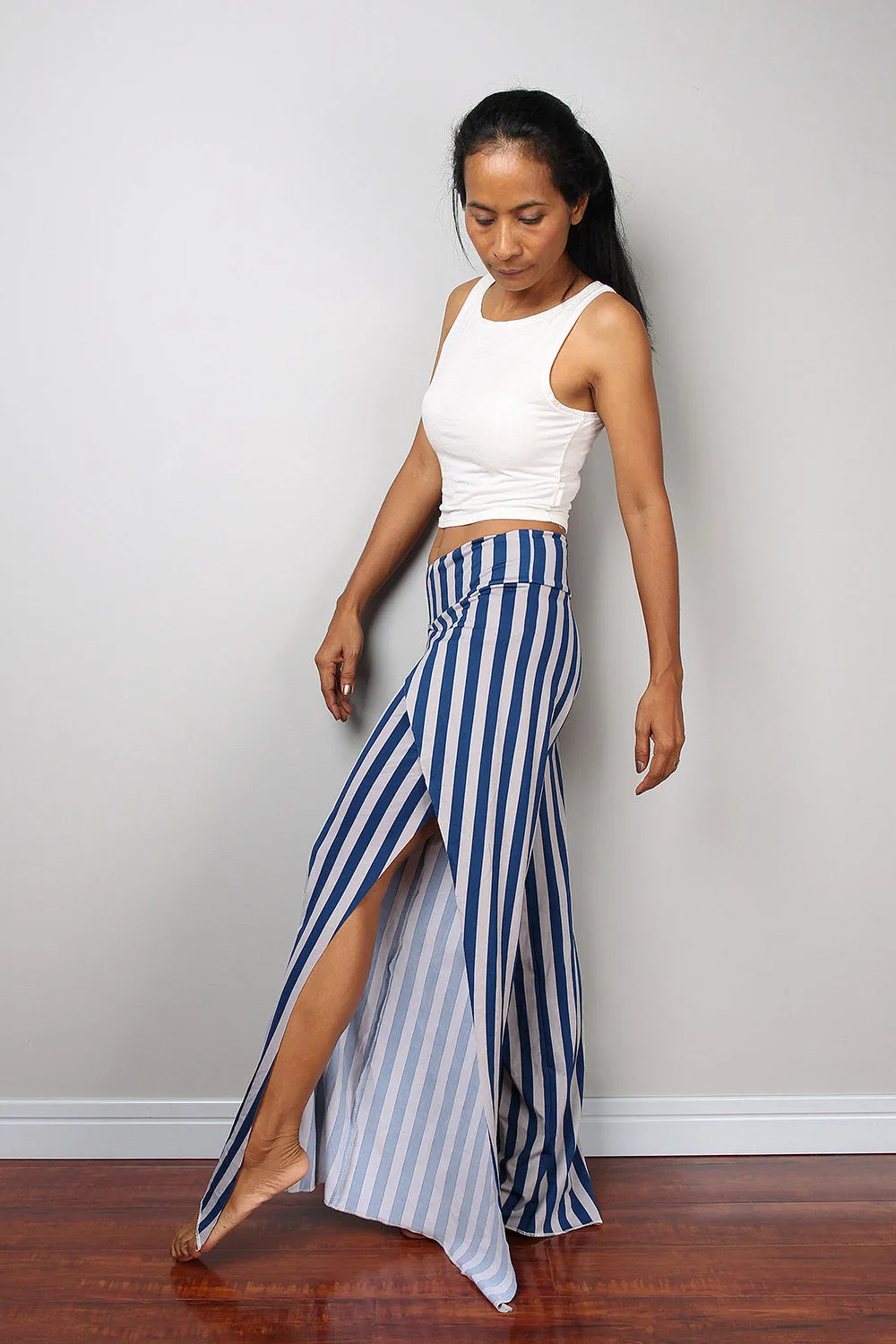 Striped pants / Blue and grey yoga pants / long blue striped pants / Split pants : Urban Chic Collection