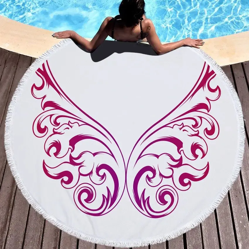 Summer Microfiber Round Beach Towel | Circle Fairy Cupid Wings Print | Shower, Bath, Yoga Mat, and Blanket | Stylish and Versatile