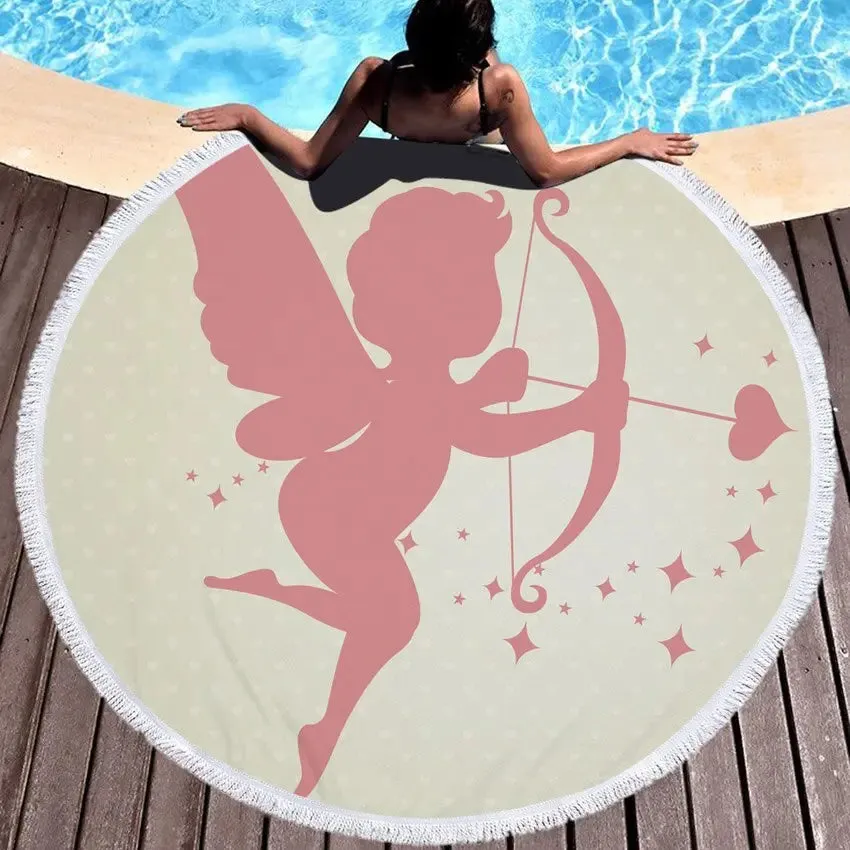 Summer Microfiber Round Beach Towel | Circle Fairy Cupid Wings Print | Shower, Bath, Yoga Mat, and Blanket | Stylish and Versatile