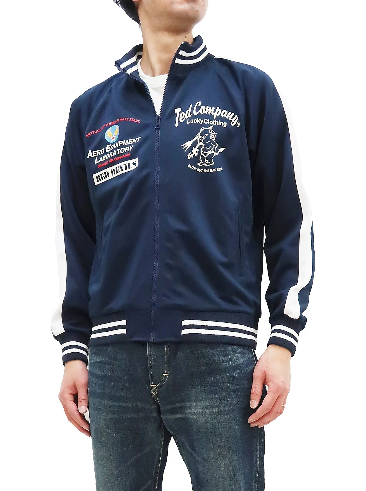 Tedman Men's Casual Zip-Up Track Jacket with Lucky Devil Military Style Graphic TJS-3500 Navy-Blue