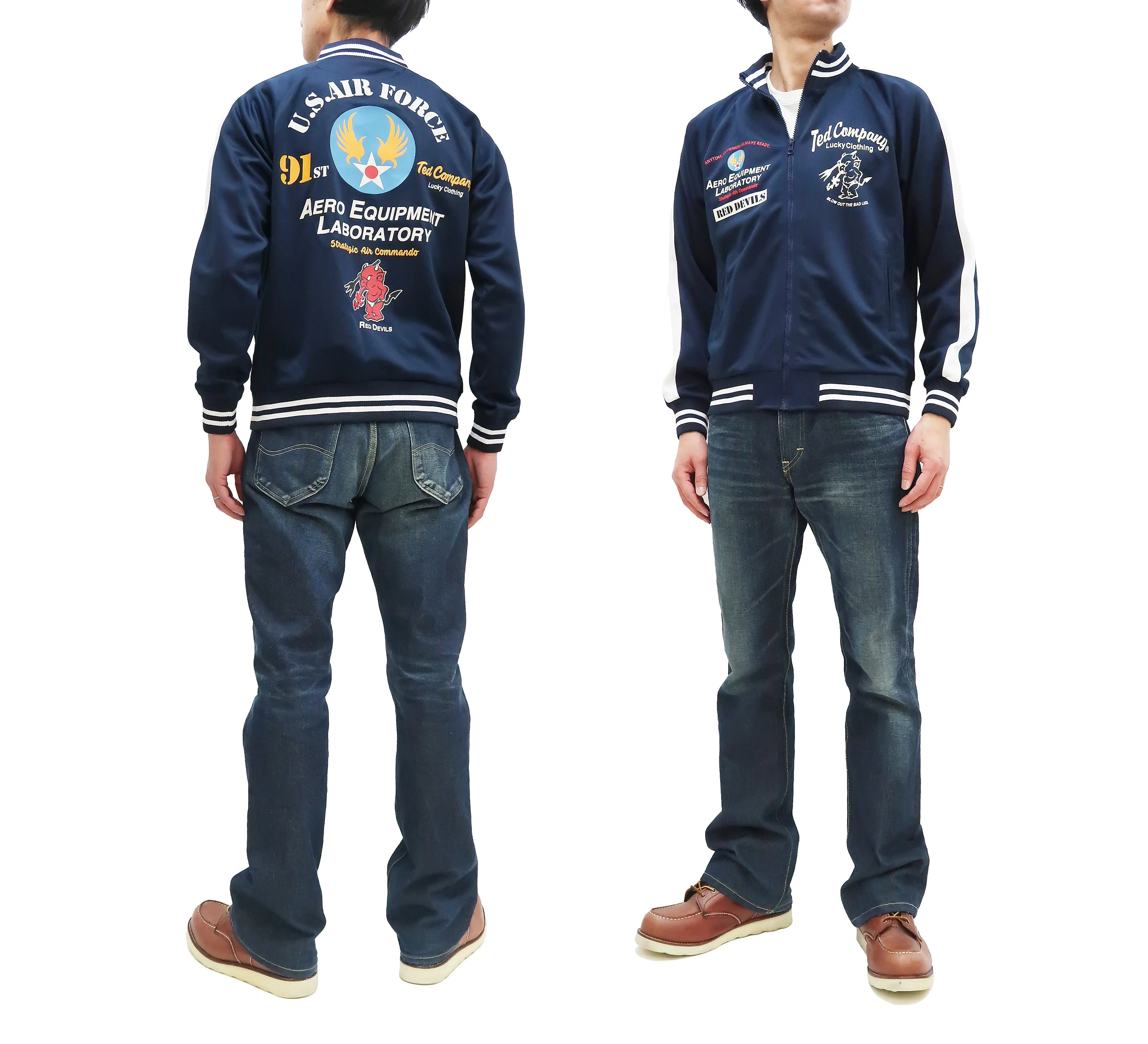 Tedman Men's Casual Zip-Up Track Jacket with Lucky Devil Military Style Graphic TJS-3500 Navy-Blue