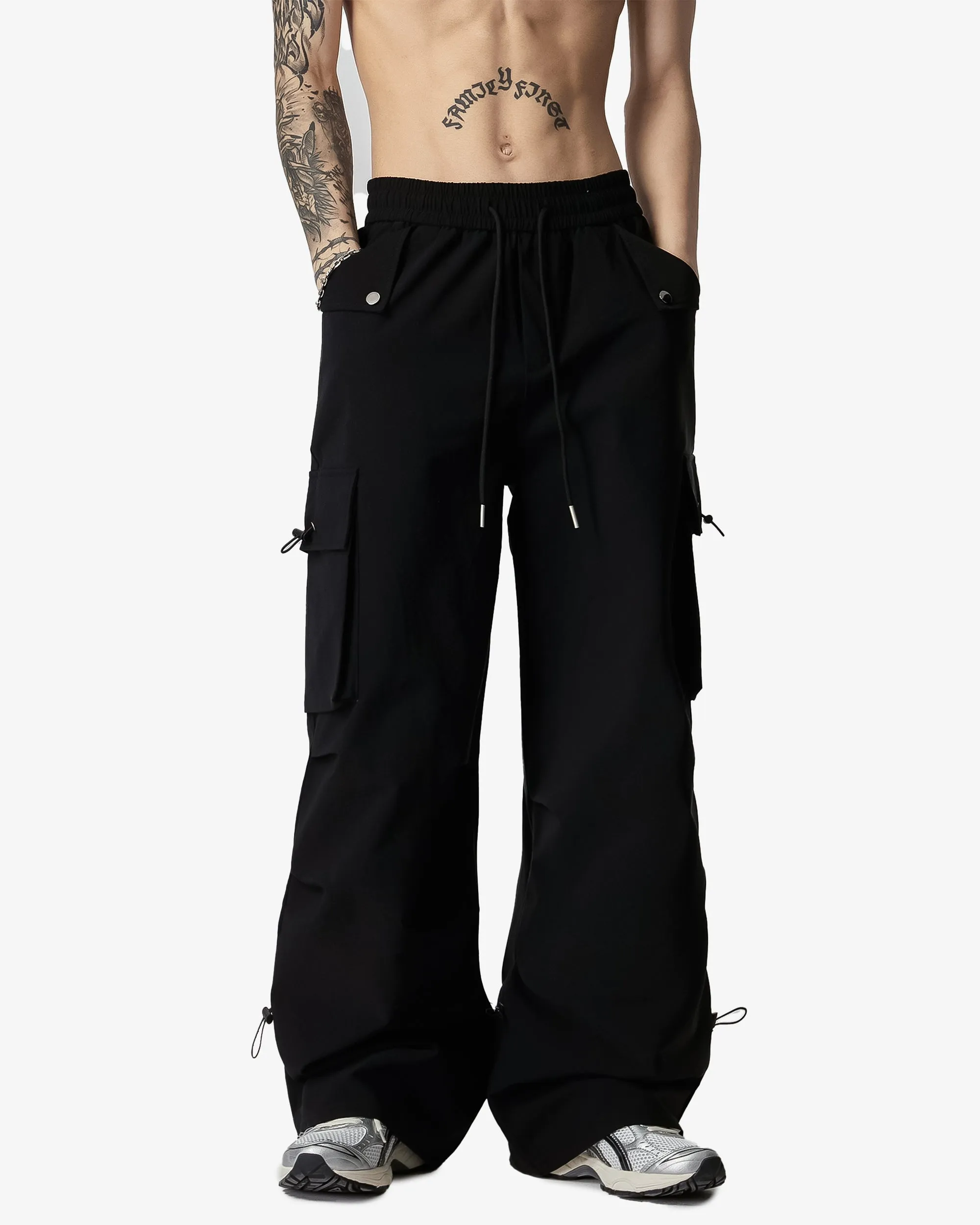 Wide Fit Parachute Cargo Pants with Drawstrings