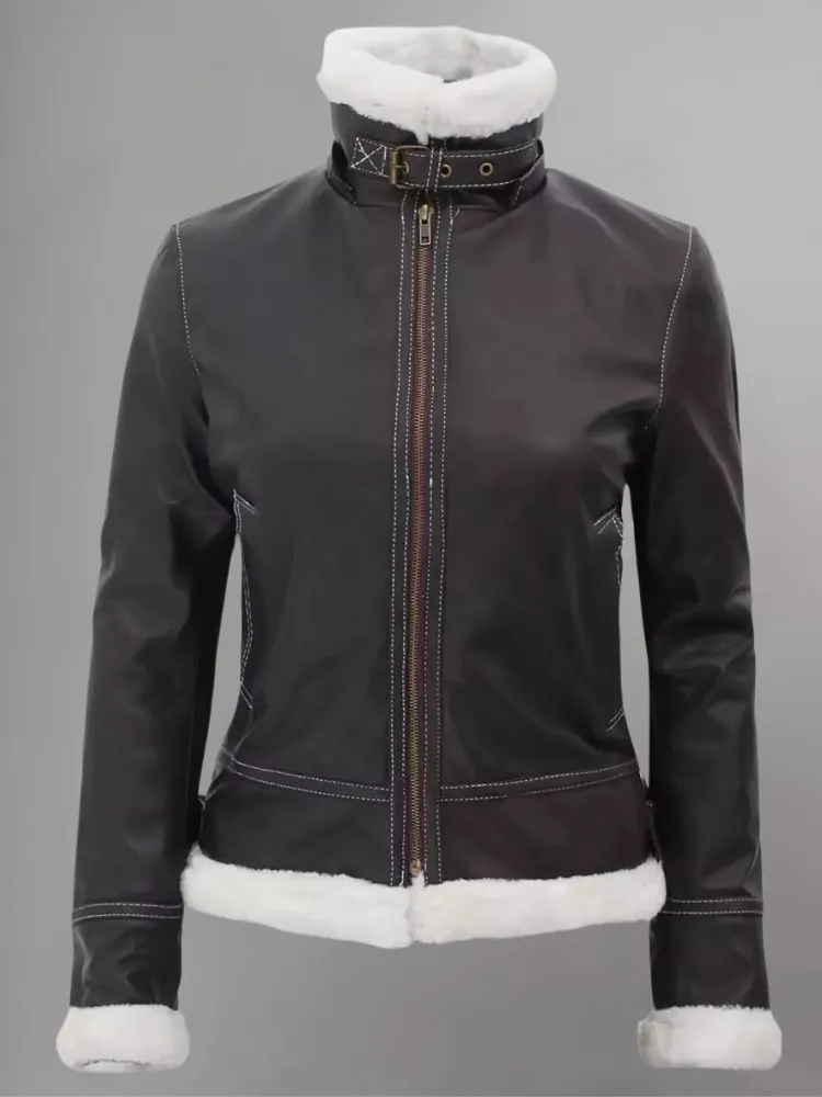 Women Hooded Bomber Shearling Leather Jacket